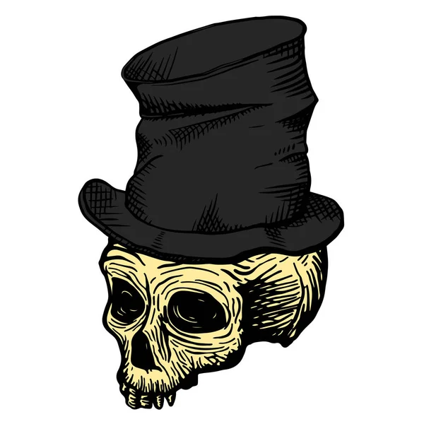 Ručně kreslená lebka mrtvého muže v černém zmačkaném cylindru na bílém pozadí. Vektorová ilustrace — Stockový vektor