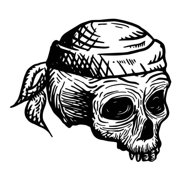 Ručně kreslená lebka mrtvého muže v šátku, na bílém pozadí. Vektorová ilustrace — Stockový vektor