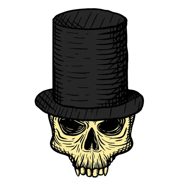Ručně kreslená lebka mrtvého muže v černém cylindru na bílém pozadí. Vektorová ilustrace — Stockový vektor