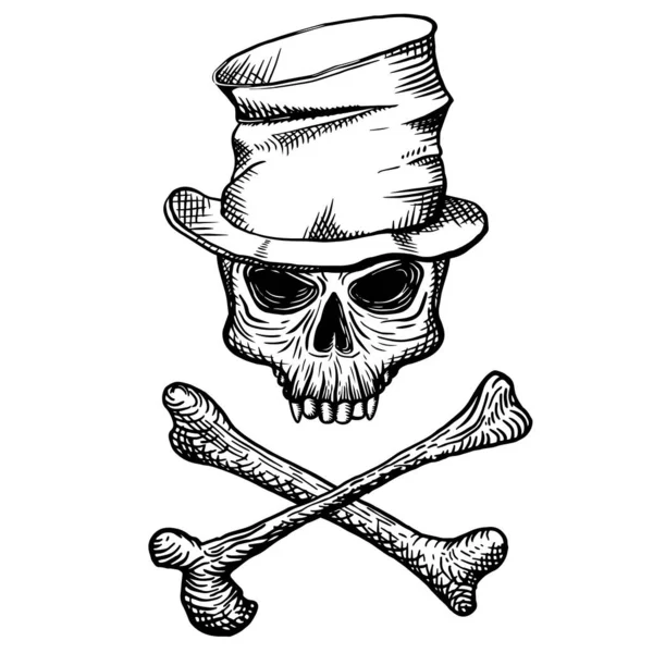 Calavera dibujada a mano de un hombre muerto con un sombrero de copa arrugado, con huesos cruzados, sobre un fondo blanco. Ilustración vectorial Vector De Stock