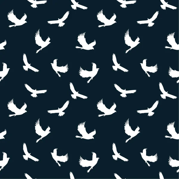 Sömlös Mönster Vita Silhuetter Fåglar Mörk Bakgrund Vektor Illustration — Stock vektor