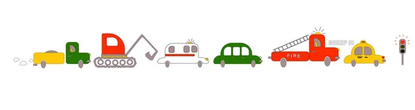 Παιδικά Αυτοκίνητα Ασθενοφόρο Ταξί Φωτιά Εκσκαφέας Και Άλλα Λευκό Φόντο — Διανυσματικό Αρχείο