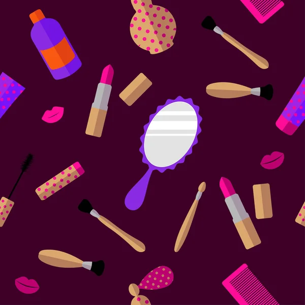 Seamless Pattern Women Accessories Cosmetics Purple Background Mirror Perfume Lipstick — 스톡 벡터