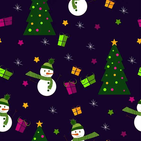 Nahtloses Muster Weihnachtsbaum Schneemann Geschenke Schneeflocken Auf Dunklem Hintergrund Neujahrsverpackungen — Stockvektor