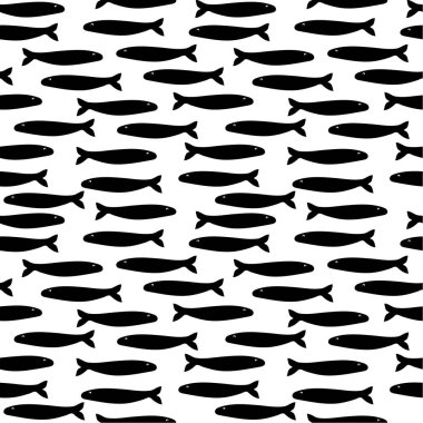 Kusursuz desen: beyaz arka planda izole edilmiş siyah balık siluetleri. Vektör. resimleme