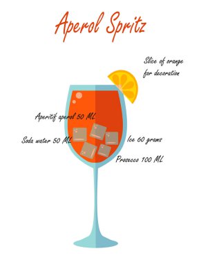 Bir bardak düşük alkollü kokteyl Aperol Spritz ve beyaz arka planda tarifi. Düz vektör. resimleme