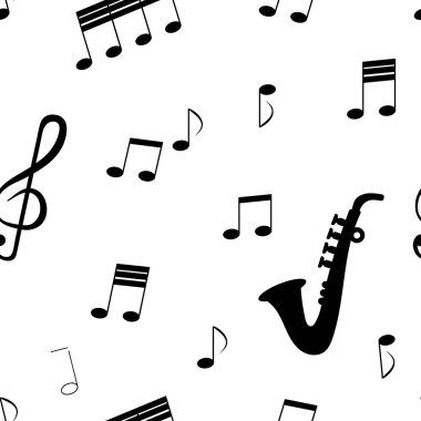 Kusursuz desen: izole müzik işaretleri ve beyaz arka planda siyah saksafon enstrümanı. Vektör. resimleme