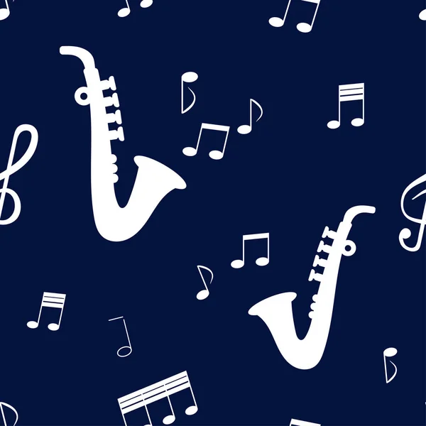 Płynny Wzór Saksofon Instrument Muzyczny Białe Nuty Niebieskim Tle Wektor — Wektor stockowy