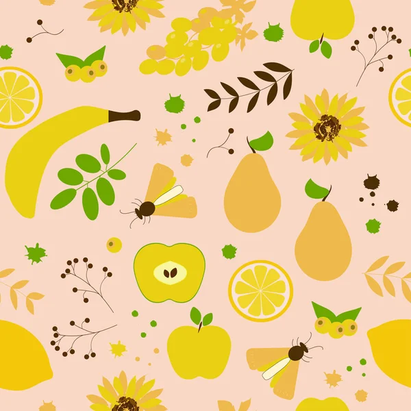 无缝图案 浆果和黄色 绿色和棕色的花朵 背景为米黄色 平面矢量 — 图库矢量图片