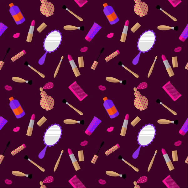 Seamless pattern: cosmetics and womens accessories on a purple background.