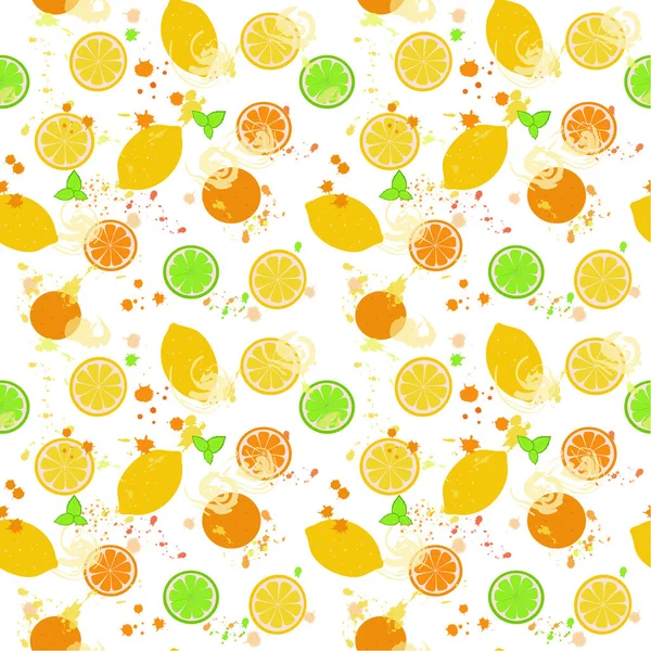 Multicolored citrus fruits in vector flat style and watercolor spots on a white background. illustration — Stock Vector