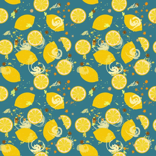 无缝图案：蓝色背景上的黄色柠檬和星形茴香. — 图库矢量图片