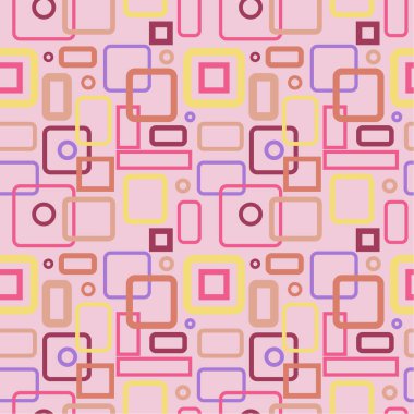  Kusursuz desen: Pembe arkaplanda çok renkli kareler. Soyut geometrik desen.