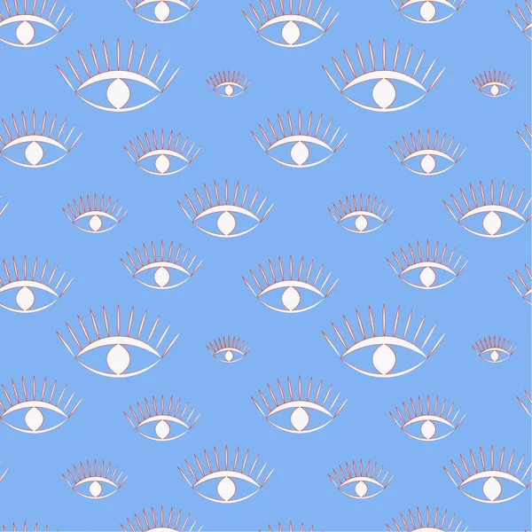 Patrón sin costuras: siluetas del tercer ojo en blanco con un trazo rojo sobre un fondo azul. vector. ilustración — Vector de stock