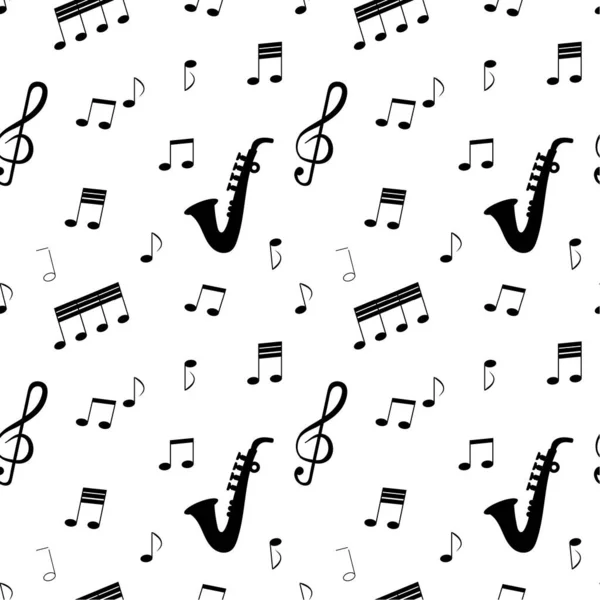 Бесшовный узор: силуэты музыкальных нот и инструментов в черном на белом фоне . — стоковый вектор