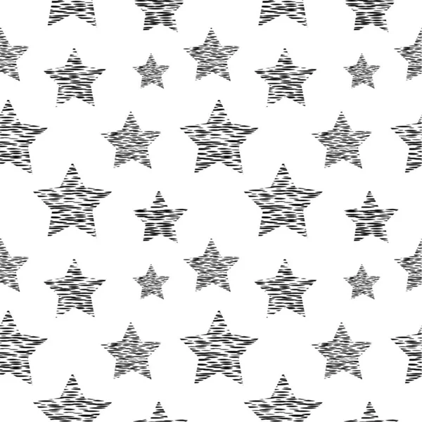 Nahtloses Muster: Sternensilhouetten mit schwarzen Linien auf weißem Hintergrund. — Stockvektor