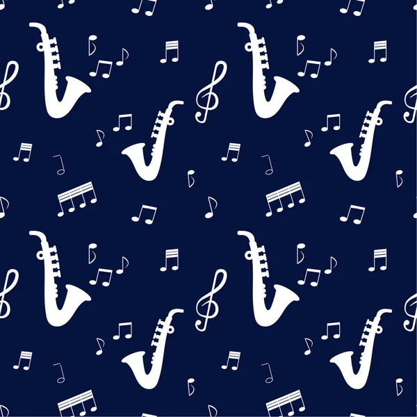 Бесшовный узор: музыкальные ноты и инструменты в белом на синем фоне . — стоковый вектор