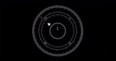 Pusula, siyah arka planda dönen beyaz ölçek. Üç boyutlu grafikler. Bir üçgenin oku. Yönlendirme derecesi göstergesi.