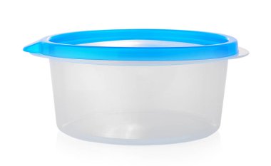 Beyaz arka plan üzerinde izole mavi taksi ile beyaz plastik kutu