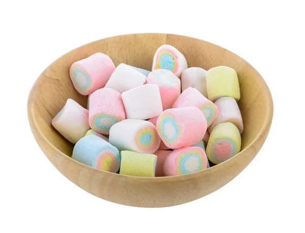 Marshmallows godis i trä skål på vit bakgrund — Stockfoto