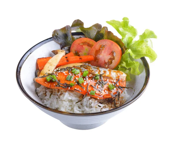 Rice with Salmon in bowl on white background — Stock Photo, Image