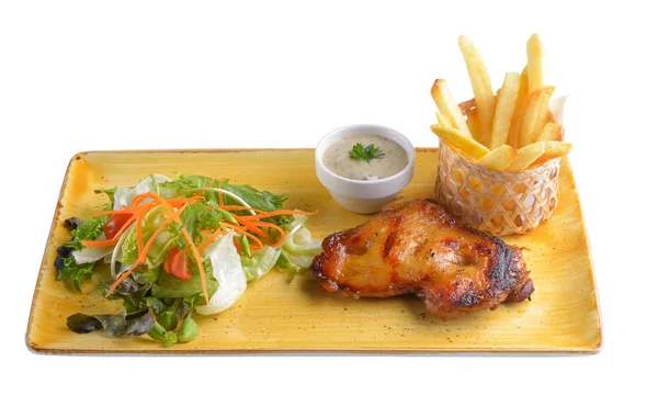Chicken steak in plate on white background — Stock Photo, Image
