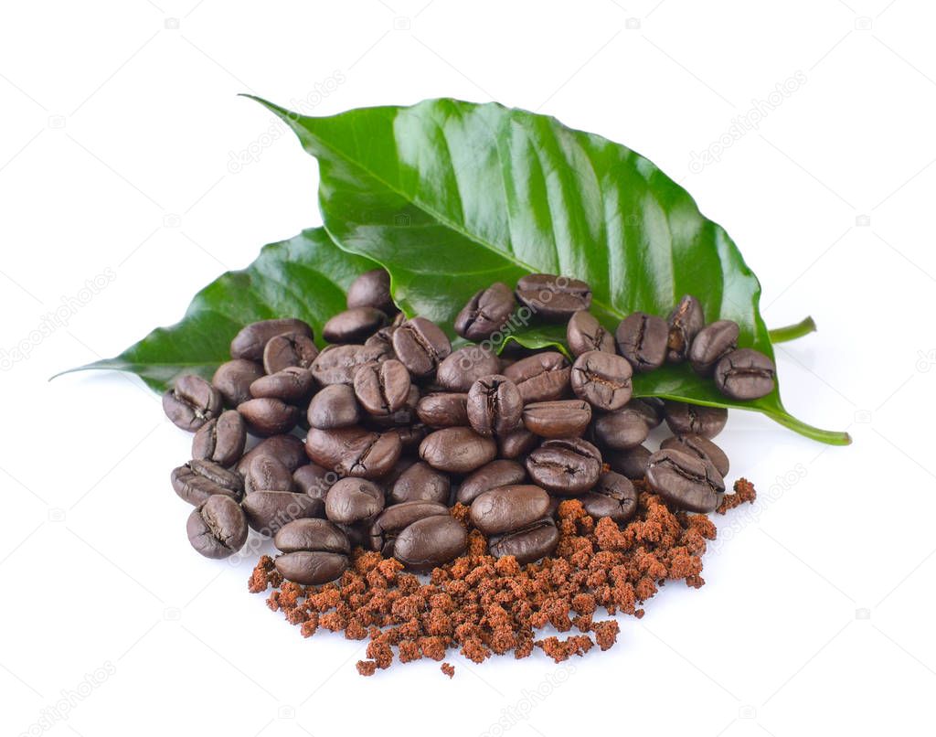 coffee beans , instant coffee and leaves on white background