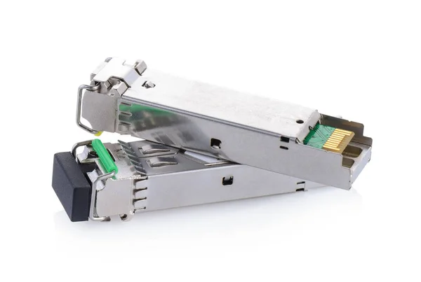 Optical gigabit sfp modules for network switch on whie backgroun — Stock Photo, Image