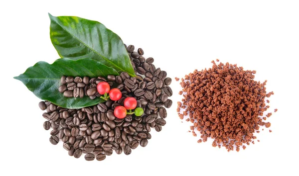 Coffee grains. instant coffee and leaves on white background — Stock Photo, Image