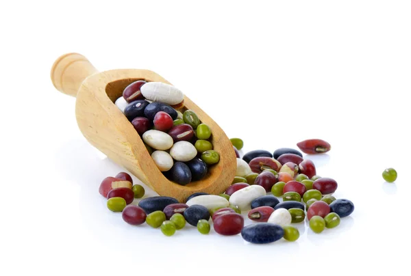 Mix beans in wood scoop on white background — Stock Photo, Image