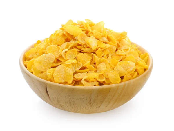 Cornflakes in Holzschale isoliert auf weißem Hintergrund — Stockfoto