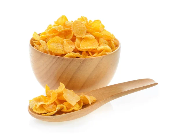 Cornflakes in Holzschale und Löffel isoliert auf weißem Hintergrund — Stockfoto