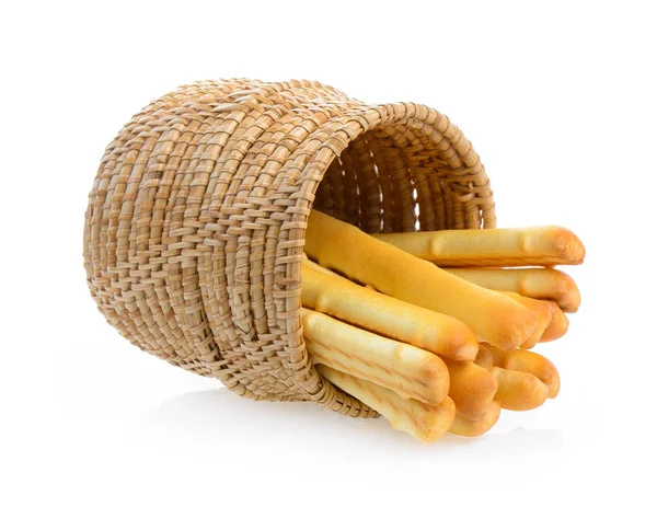 Palitos de pan en cesta aislados sobre fondo blanco — Foto de Stock