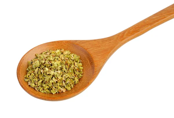 Dried oregano in wood spoon on white background — Stock Photo, Image