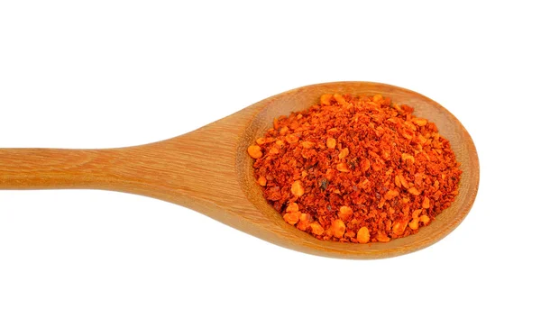 Cayenne pepper in wood spoon on white background — Stock Photo, Image