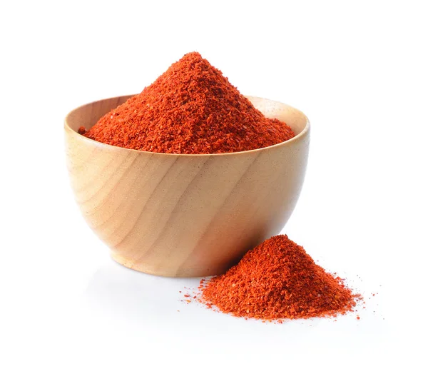 Cayenne pepper in wood bowl on white background — Stock Photo, Image