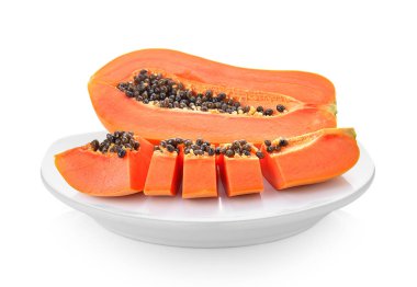 Papaya beyaz arka plan üzerinde beyaz plaka