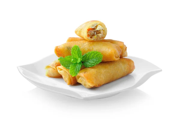 Fried Chinese Traditional Spring rolls food in ceramic plate (be — Stock Photo, Image