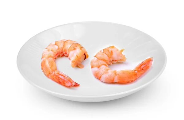 Shrimps in empty white plate isolated on a white background — Stock Photo, Image