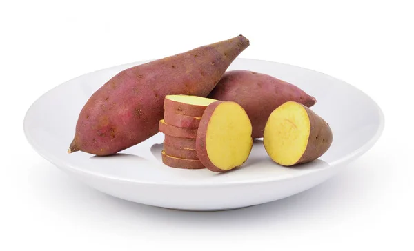 Sweet potato in white plate on a white background — Stock Photo, Image