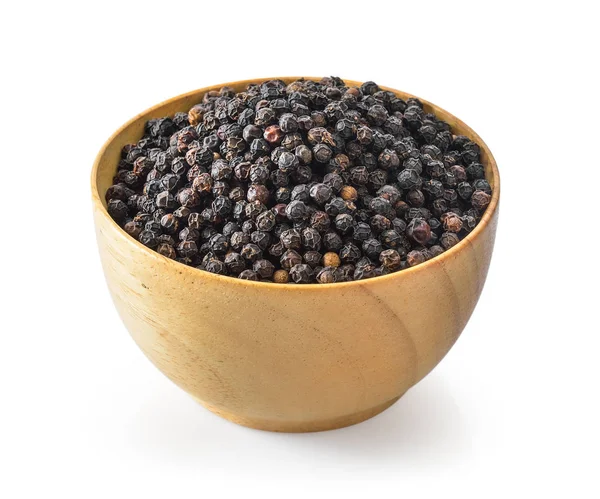 Black pepper in wood bowl on white background — Stock Photo, Image