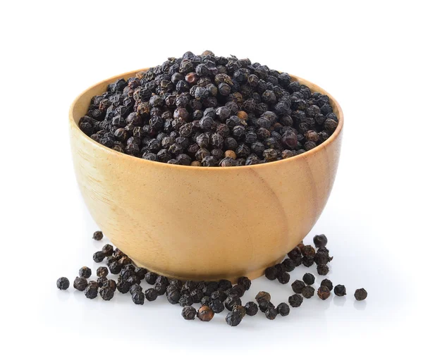 Black pepper in wood bowl on white background — Stock Photo, Image