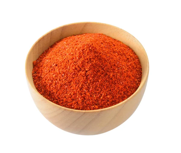 Cayenne pepper in wood bowl on white background — Stock Photo, Image