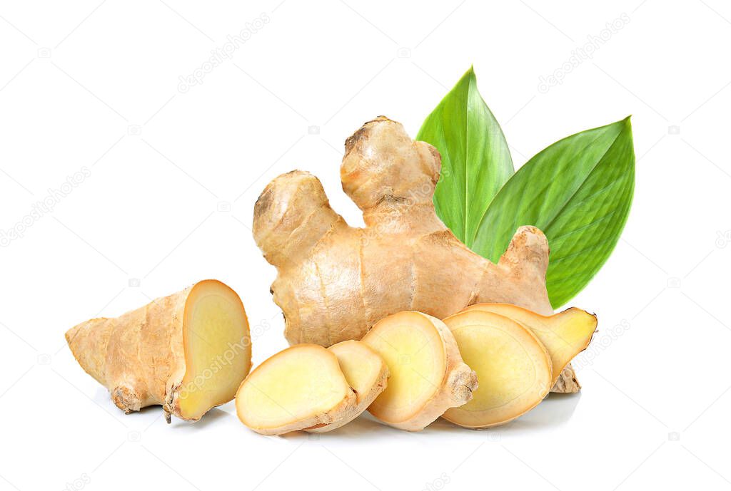 ginger herb with leaf on white background
