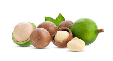 Beyaz arka planda yaprağı olan Macadamia fındıkları.