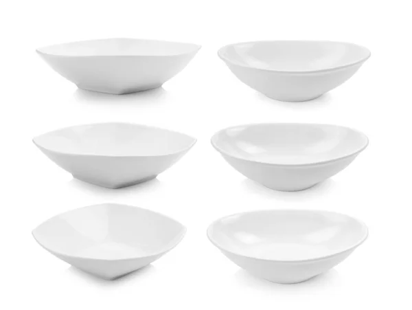 Zestaw Białej Ceramicznej Miski Białym Tle — Zdjęcie stockowe