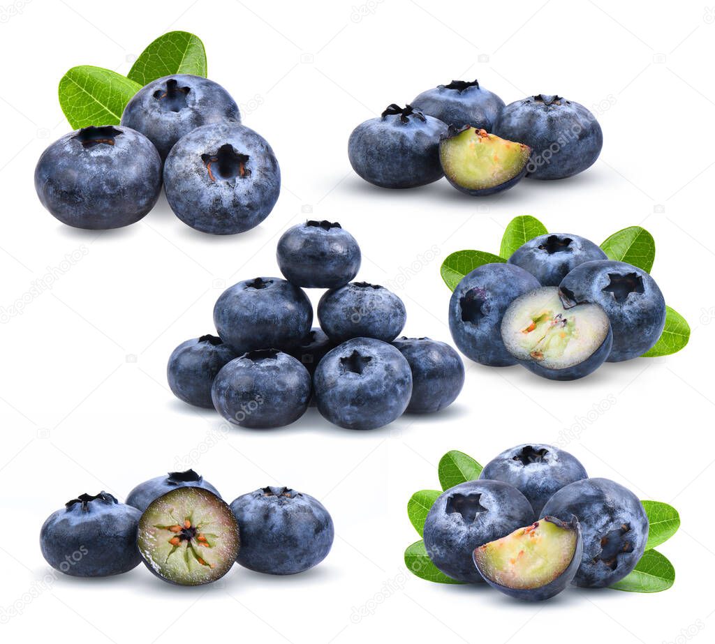set of blueberries with green leaves closeup, isolated on white background