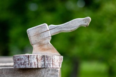 Kesme kütüğünde tahta balta var.