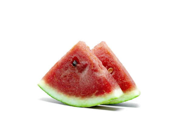 Closeup Red Pieces Fresh Two Watermelon White Background — 스톡 사진