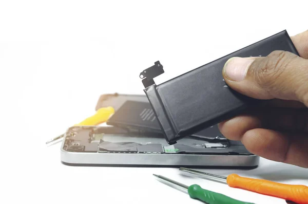 Telefoonreparaties Installeren Batterij Het Moederbord Voor Smartphone Door Technicus Studio — Stockfoto